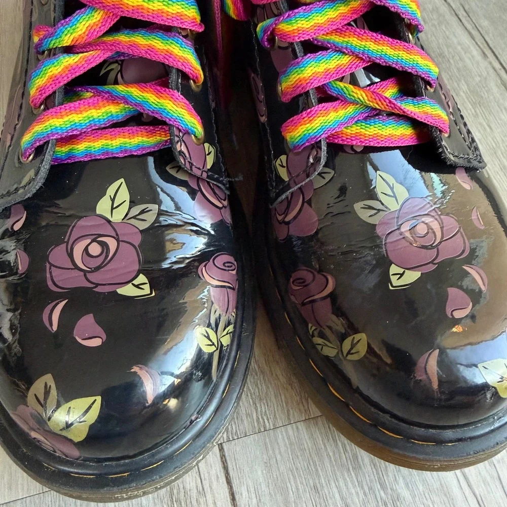 Dr. Martens 1460 J Floral Doodle Patent Leather Boots Black Pink Girl's Size 3